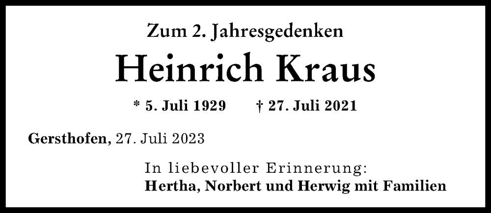 Traueranzeige von Heinrich Kraus von Augsburger Allgemeine, Augsburg-Land