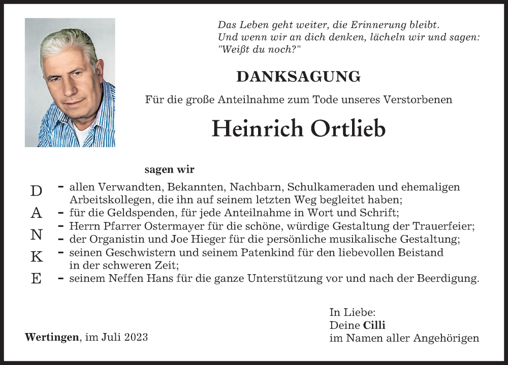 Traueranzeige von Heinrich Ortlieb von Wertinger Zeitung