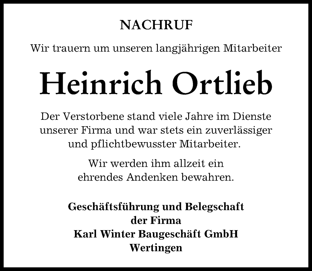 Traueranzeige von Heinrich Ortlieb von Wertinger Zeitung