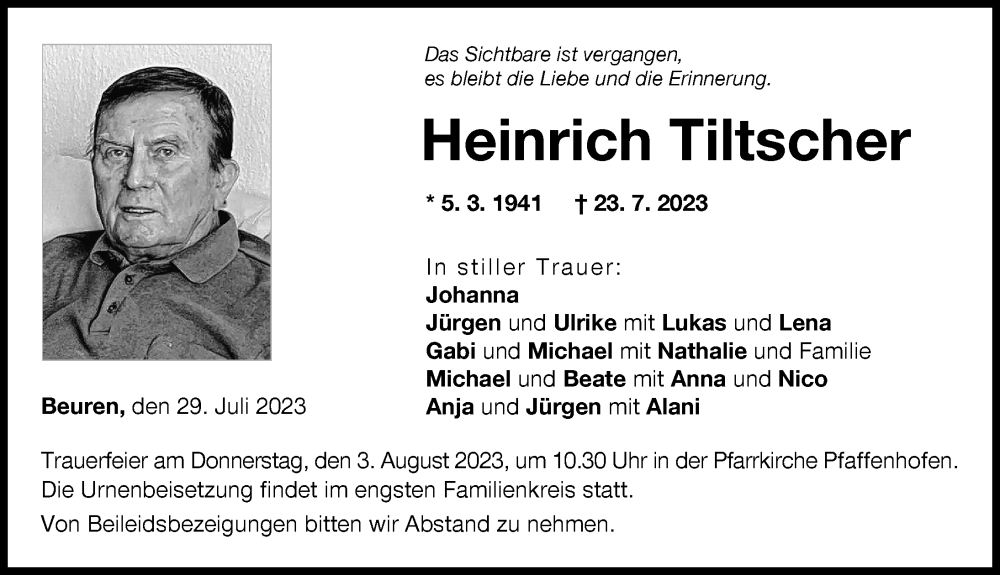 Traueranzeige von Heinrich Tiltscher von Neu-Ulmer Zeitung