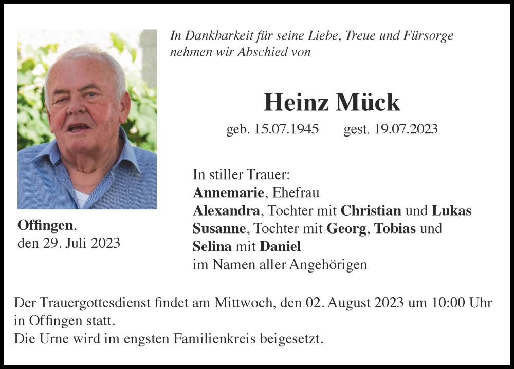 Traueranzeige von Heinz Mück von Günzburger Zeitung