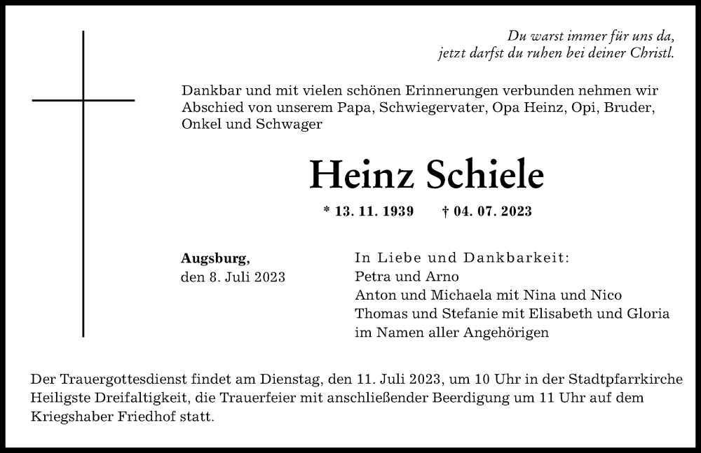 Traueranzeige von Heinz Schiele von Augsburger Allgemeine