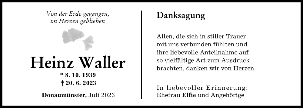 Traueranzeige von Heinz Waller von Donauwörther Zeitung