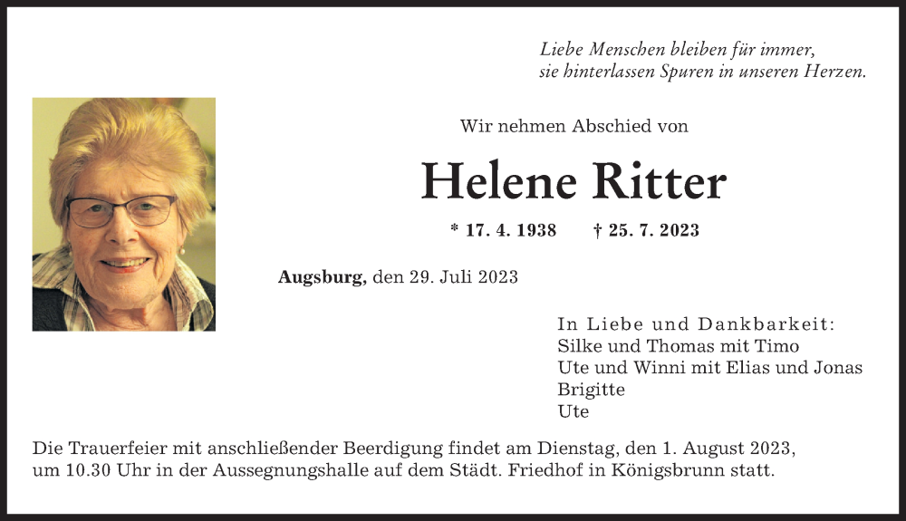 Traueranzeige von Helene Ritter von Augsburger Allgemeine