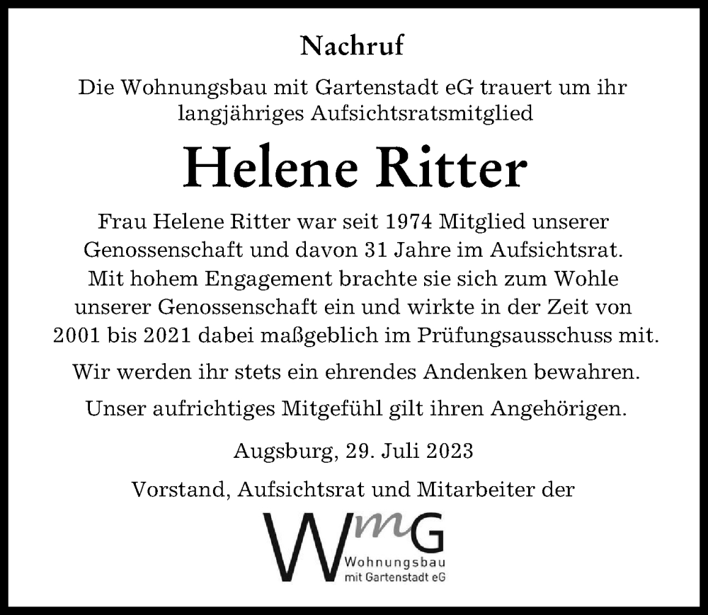 Traueranzeige von Helene Ritter von Augsburger Allgemeine