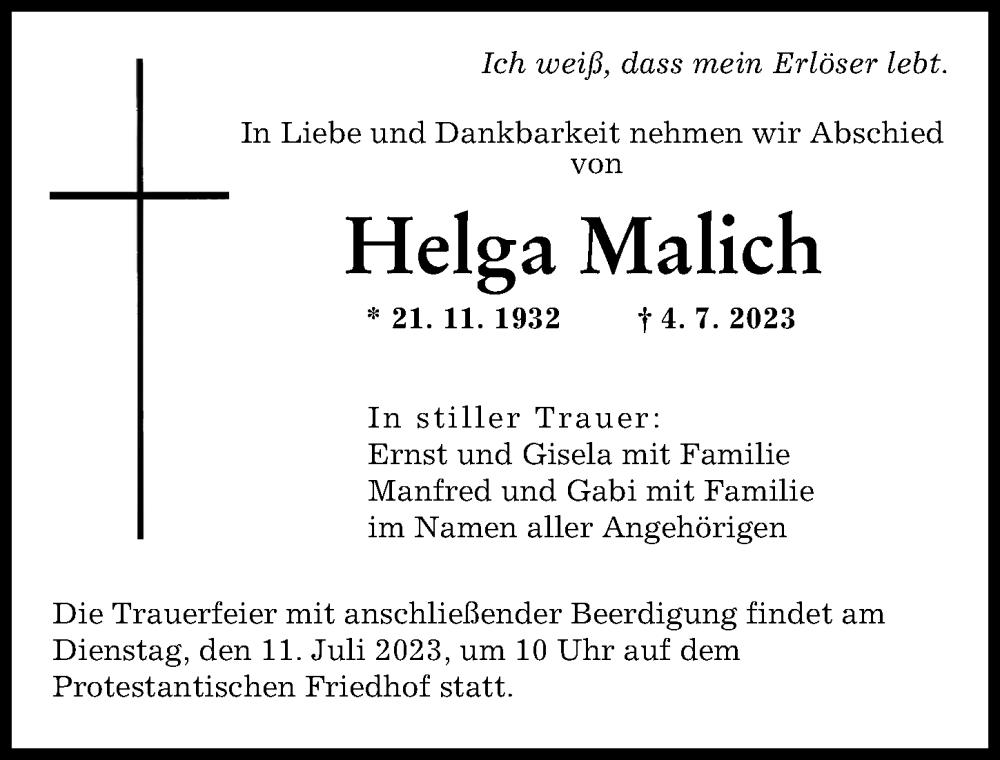 Traueranzeige von Helga Malich von Augsburger Allgemeine