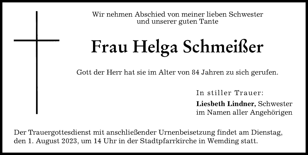 Traueranzeige von Helga Schmeißer von Donauwörther Zeitung