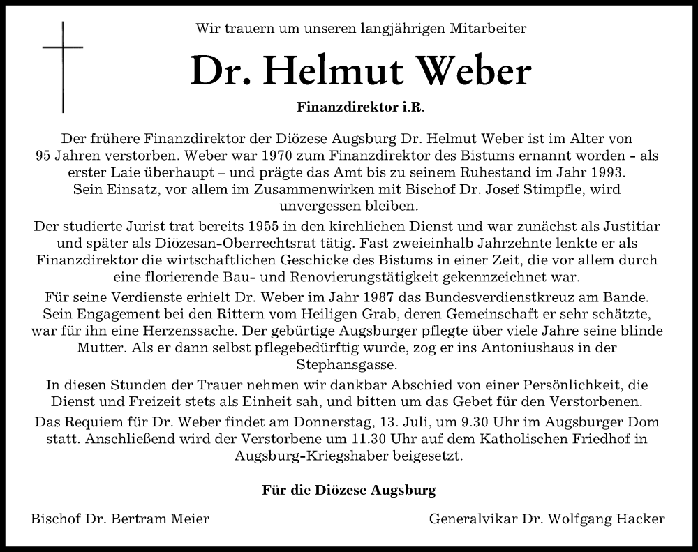 Traueranzeige von Helmut Weber von Augsburger Allgemeine