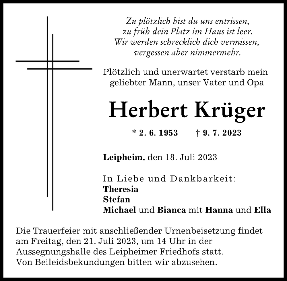 Traueranzeige von Herbert Krüger von Günzburger Zeitung