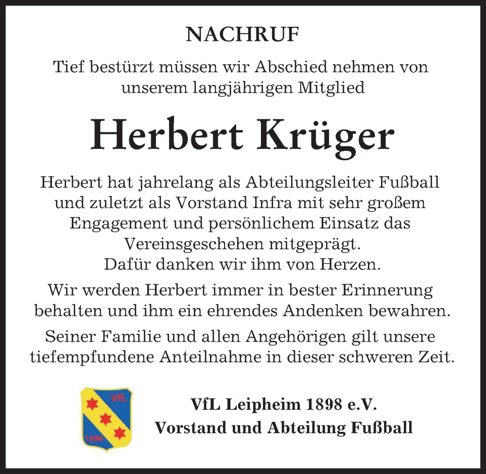 Traueranzeige von Herbert Krüger von Günzburger Zeitung