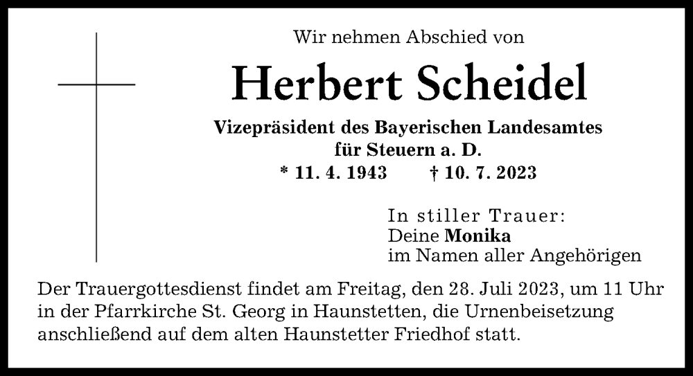 Traueranzeige von Herbert Scheidel von Augsburger Allgemeine