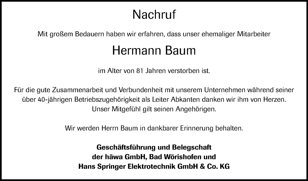 Traueranzeige von Hermann Baum von Mindelheimer Zeitung