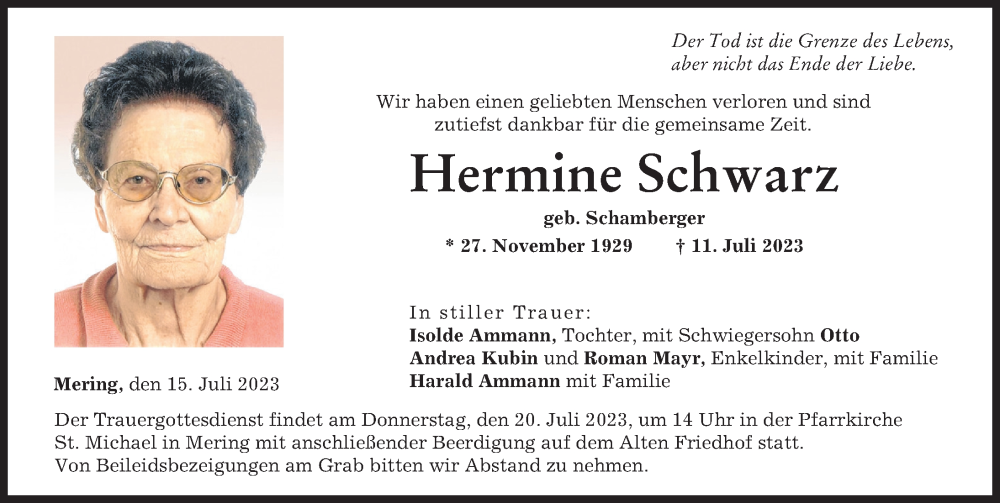 Traueranzeige von Hermine Schwarz von Friedberger Allgemeine