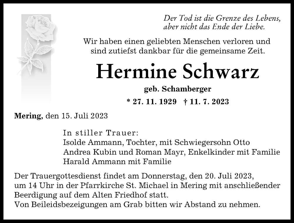 Traueranzeige von Hermine Schwarz von Augsburger Allgemeine