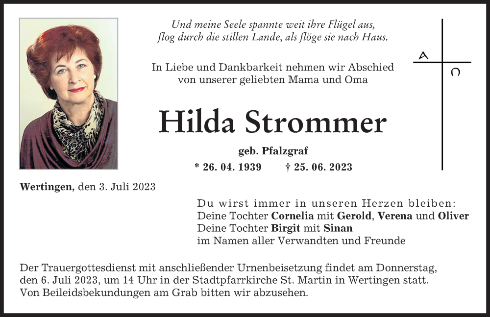 Traueranzeige von Hilda Strommer von Wertinger Zeitung