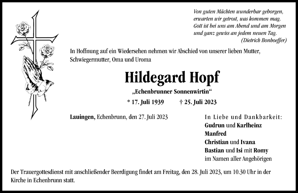 Traueranzeige von Hildegard Hopf von Donau Zeitung