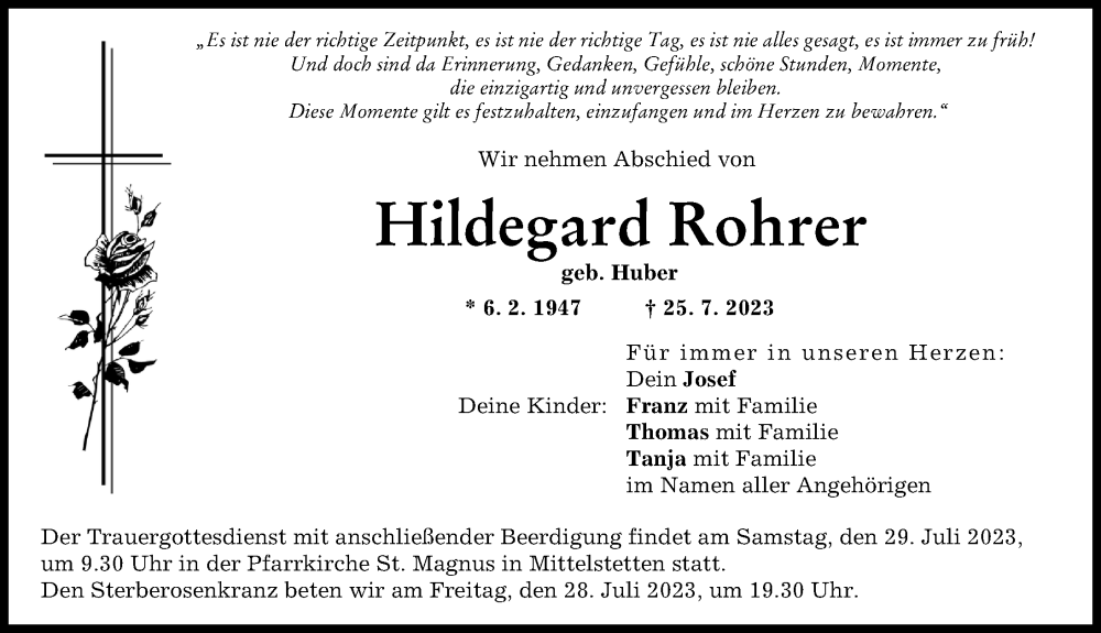 Traueranzeige von Hildegard Rohrer von Schwabmünchner Allgemeine