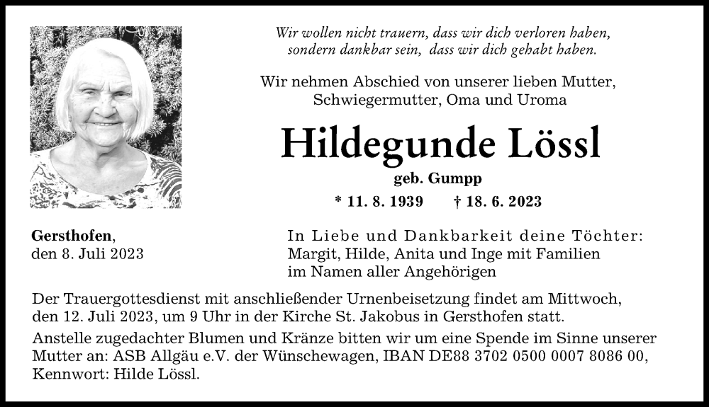 Traueranzeige von Hildegunde Lössl von Augsburger Allgemeine