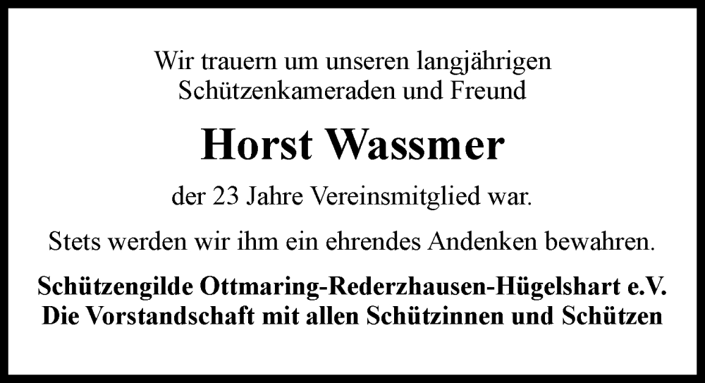 Traueranzeige von Horst Wassmer von Friedberger Allgemeine