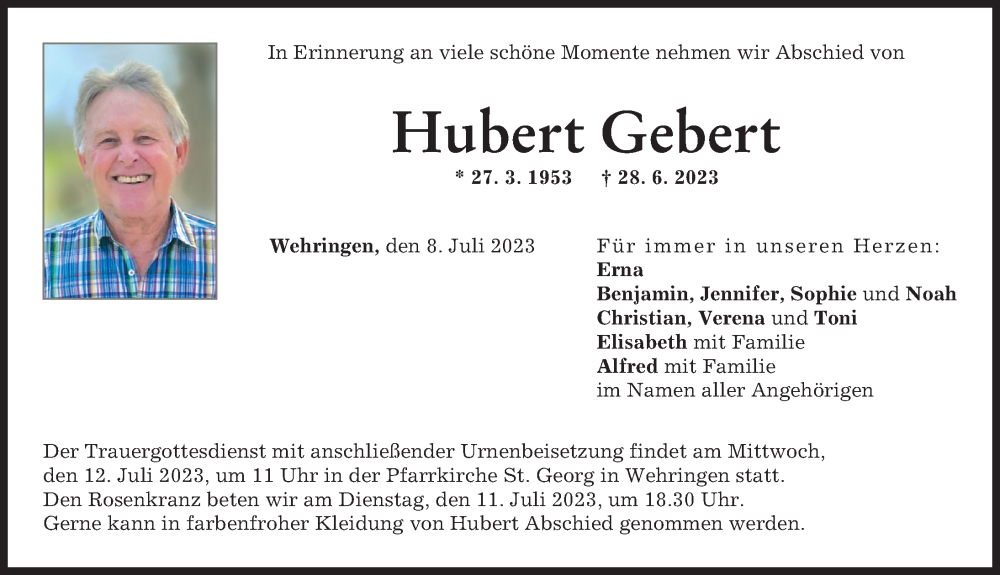 Traueranzeige von Hubert Gebert von Schwabmünchner Allgemeine