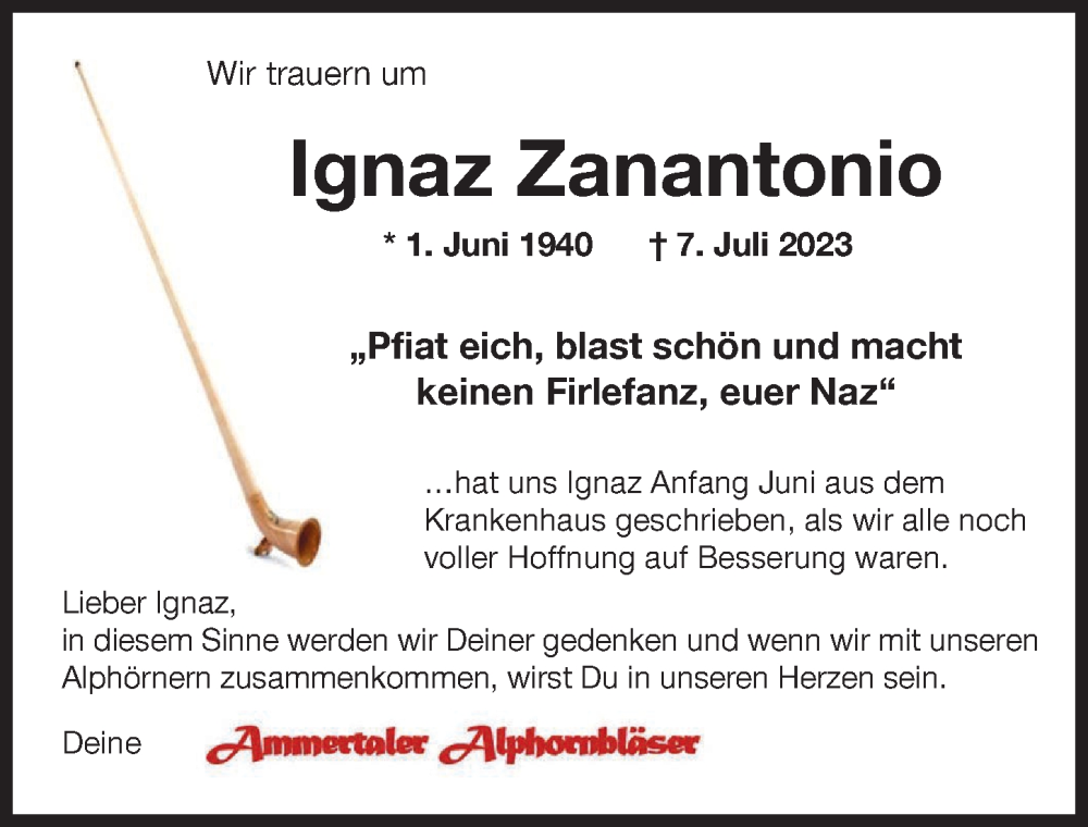  Traueranzeige für Ignaz Zanantonio vom 14.07.2023 aus Ammersee Kurier