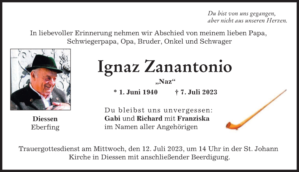 Traueranzeige für Ignaz Zanantonio vom 11.07.2023 aus Ammersee Kurier