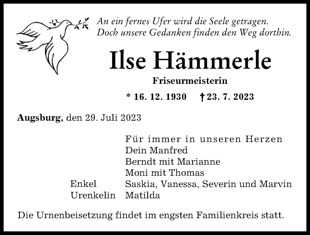 Traueranzeige von Ilse Hämmerle von Augsburger Allgemeine