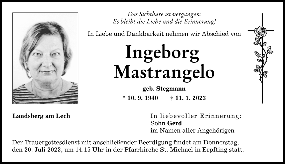 Traueranzeige von Ingeborg Mastrangelo von Landsberger Tagblatt