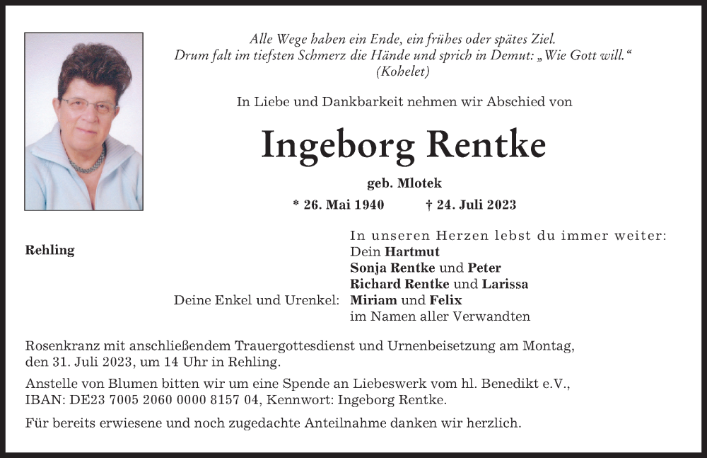 Traueranzeige von Ingeborg Rentke von Aichacher Nachrichten