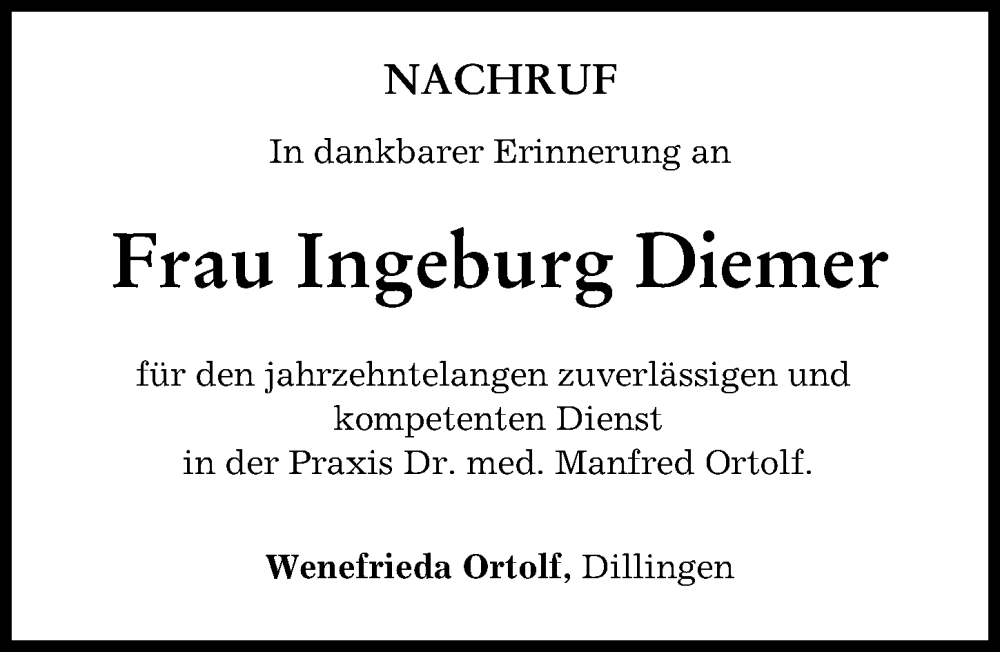 Traueranzeige von Ingeburg Diemer von Donau Zeitung