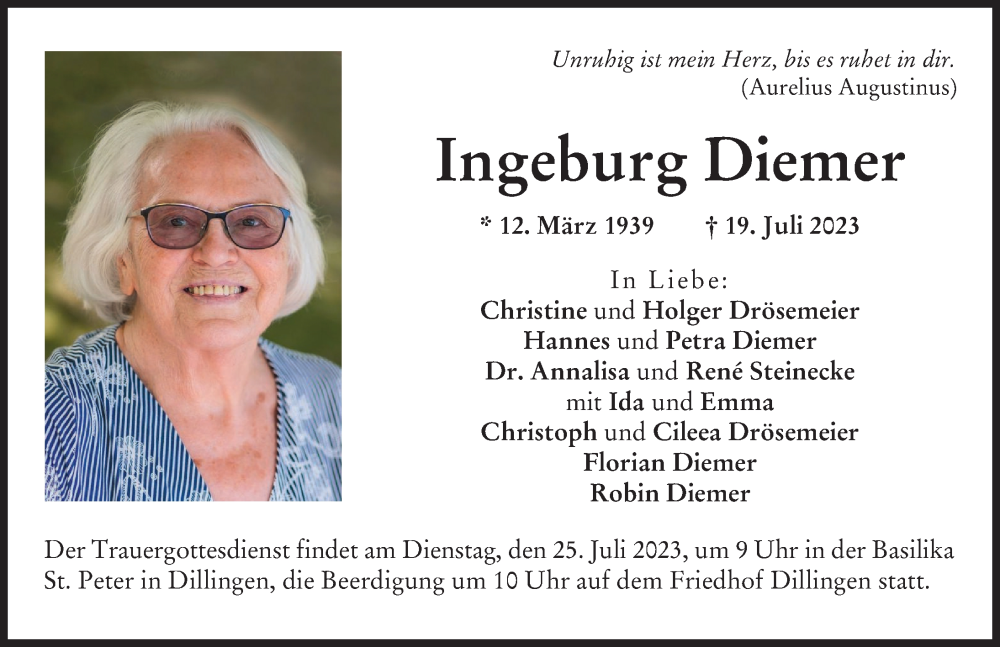 Traueranzeige von Ingeburg Diemer von Donau Zeitung