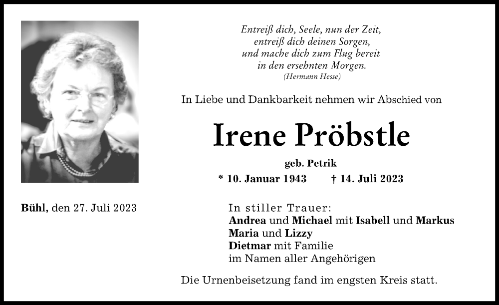 Traueranzeige von Irene Pröbstle von Günzburger Zeitung, Neu-Ulmer Zeitung