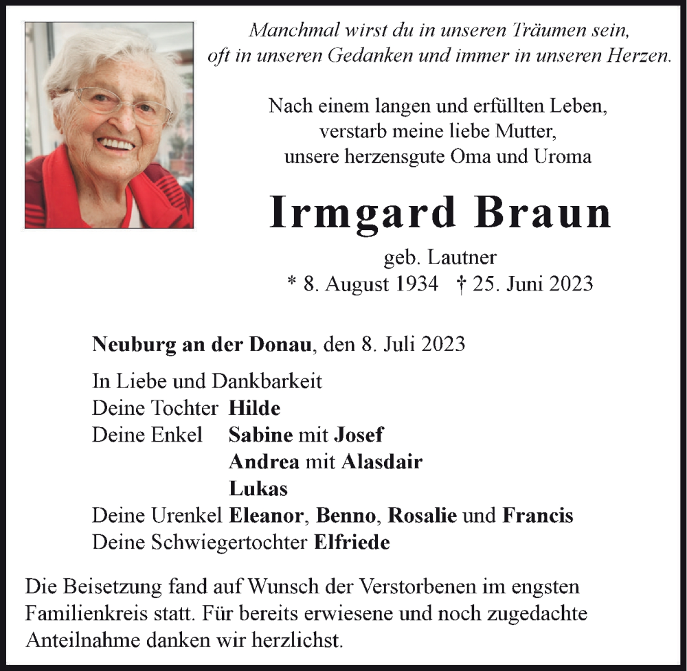 Traueranzeige von Irmgard Braun von Neuburger Rundschau