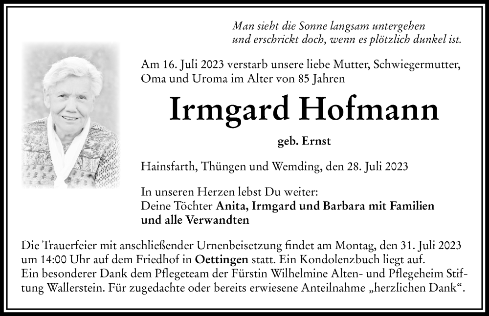 Traueranzeige von Irmgard Hofmann von Rieser Nachrichten