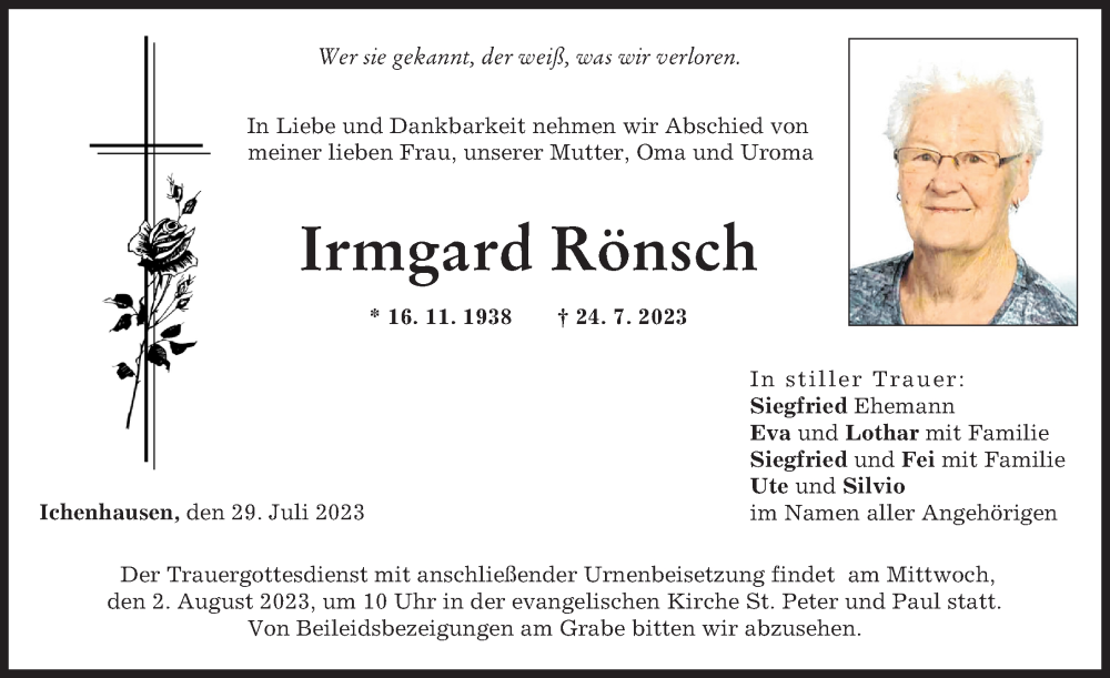 Traueranzeige von Irmgard Rönsch von Günzburger Zeitung