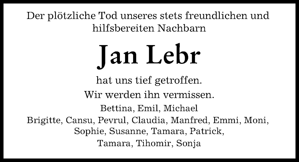 Traueranzeige von Jan Lebr von Neuburger Rundschau