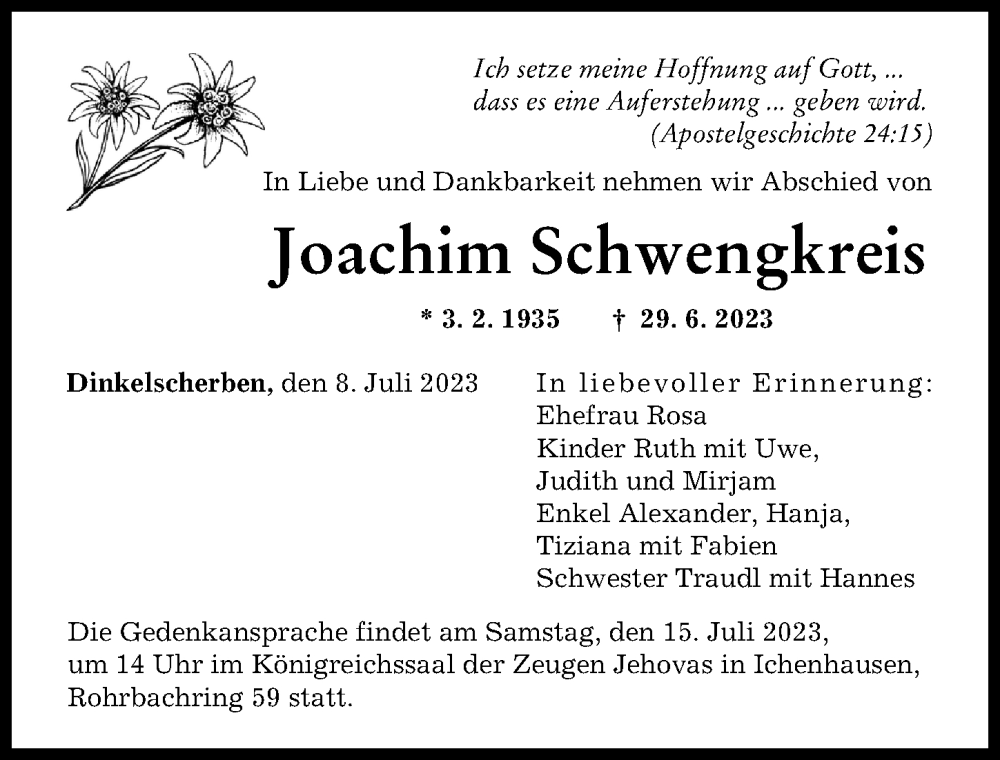 Traueranzeige von Joachim Schwengkreis von Augsburger Allgemeine