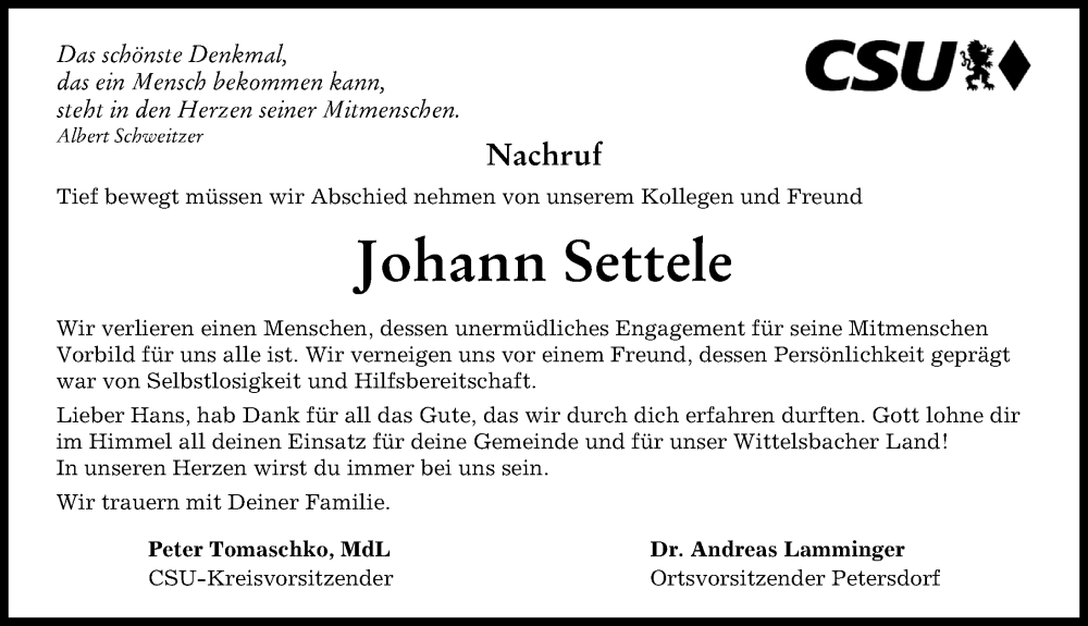 Traueranzeige von Johann Settele von Friedberger Allgemeine, Aichacher Nachrichten