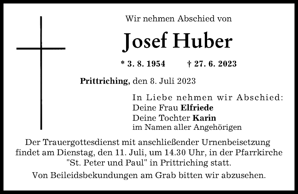 Traueranzeige von Josef Huber von Landsberger Tagblatt