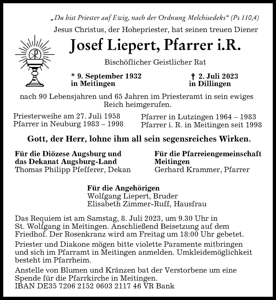 Traueranzeige von Josef Liepert von Augsburger Allgemeine