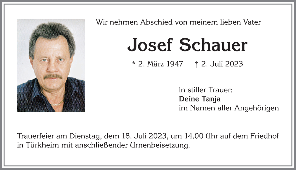 Traueranzeige von Josef Schauer von Mindelheimer Zeitung