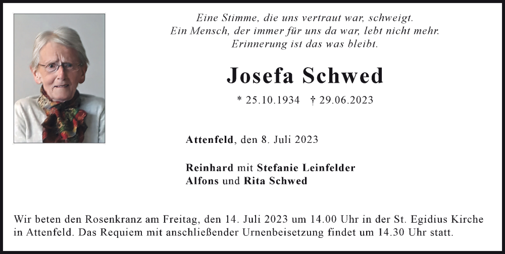 Traueranzeige von Josefa Schwed von Neuburger Rundschau