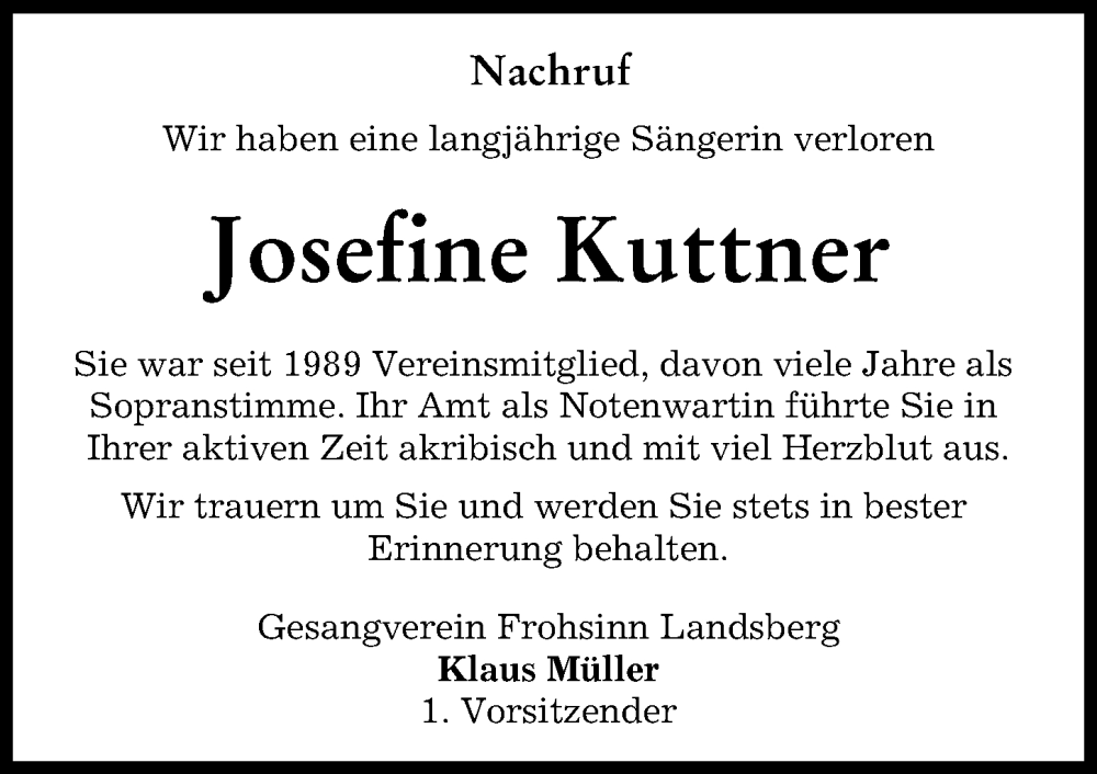 Traueranzeige von Josefine Kuttner von Landsberger Tagblatt