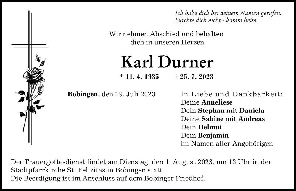 Traueranzeige von Karl Durner von Schwabmünchner Allgemeine