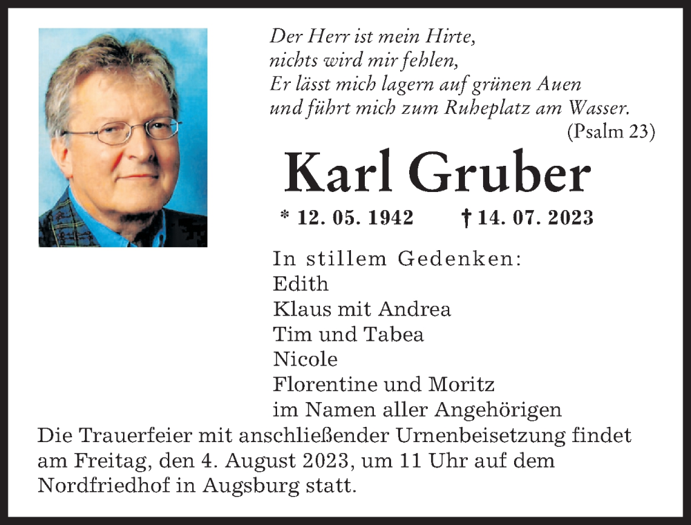 Traueranzeige von Karl Gruber von Augsburger Allgemeine