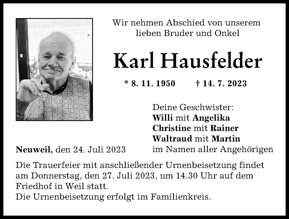 Traueranzeige von Karl Hausfelder von Landsberger Tagblatt