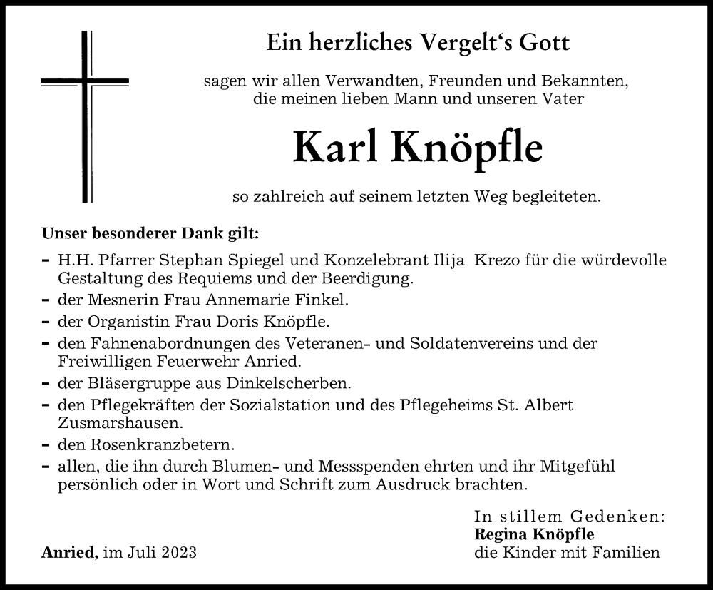 Traueranzeigen von Karl Knöpfle | Augsburger Allgemeine Zeitung