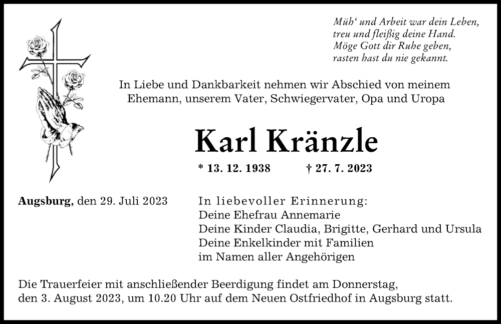 Traueranzeige von Karl Kränzle von Augsburger Allgemeine