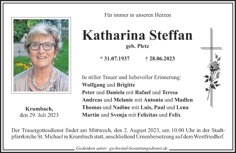 Traueranzeige von Katharina Steffan von Mittelschwäbische Nachrichten