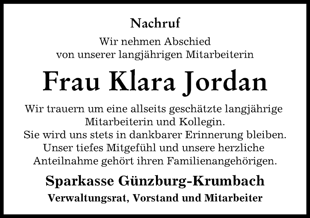 Traueranzeige von Klara Jordan von Günzburger Zeitung